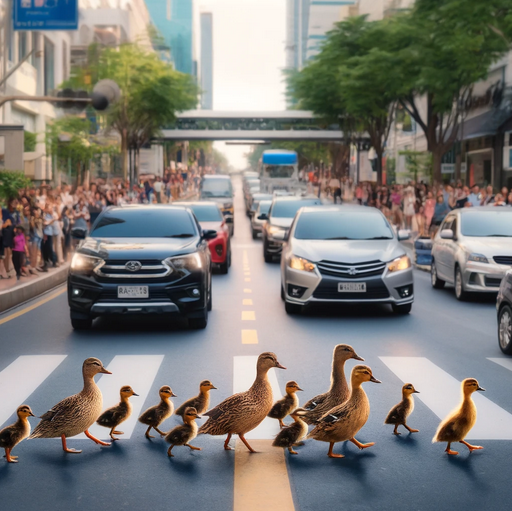 Ducks cross a street