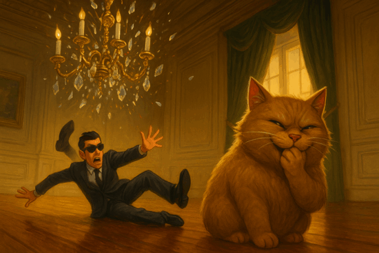 A humorous, cinematic image of a clumsy spy dramatically sliding and falling on a slick floor beneath a crashing chandelier, while a fluffy house cat sits nearby, looking highly amused and laughing at the chaos.