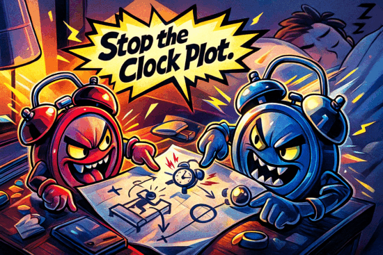 Humorous, pop-art illustration showing two alarm clocks plotting against a man in bed, with the text "Stop the Clock Plot."