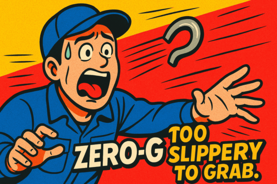 A funny image of a worker trying desperately to catch a small, fast-moving silver magnet in a zero-gravity spaceport, causing chaotic movement among ships.