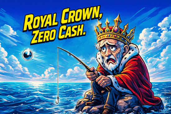 Humorous Japanese pop-art illustration of a king in a royal robe and gold crown sitting on a tiny rock in the ocean, fishing with a small rod. Catchphrase: "Royal Crown, Zero Cash."