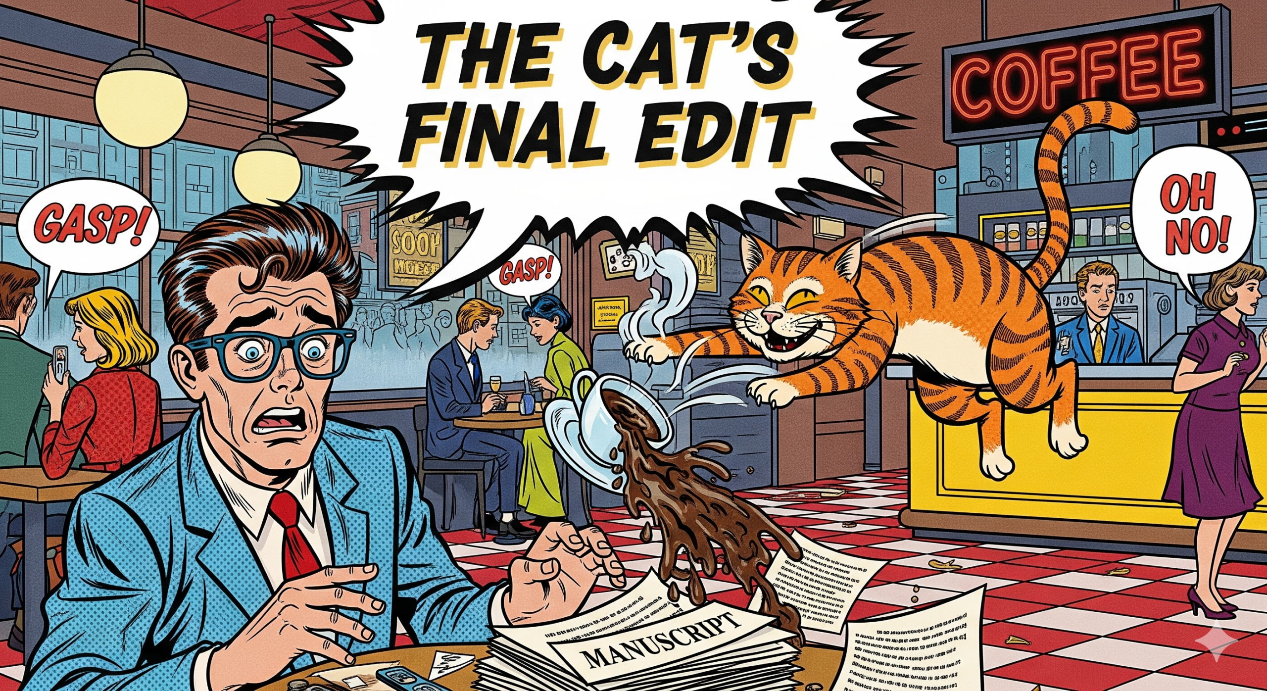 A shocked man with glasses in a New York cafe watching a cat spill coffee onto his handwritten book.