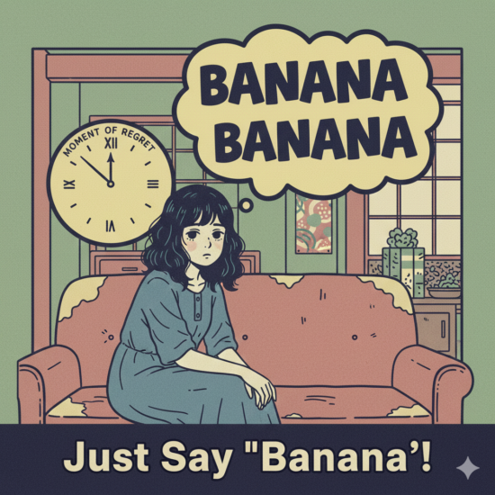 Subtle Japanese pop-art illustration of a woman sitting sadly, with the word "BANANA" repeating in a thought bubble over her head, symbolizing psychological regret. Catchphrase: "Just Say 'Banana'!"