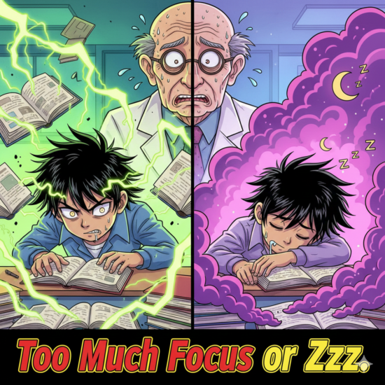 Humorous Japanese pop-art illustration showing a student split between hyper-focus and instant sleep after drinking a faulty potion. Catchphrase: "Too Much Focus or Zzz."