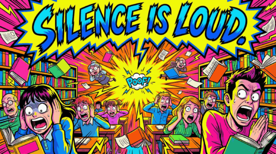 Humorous Japanese pop-art illustration of a chaotic library where readers panic from tiny sounds, with books flying and hands over ears. Catchphrase: "Silence Is LOUD."
