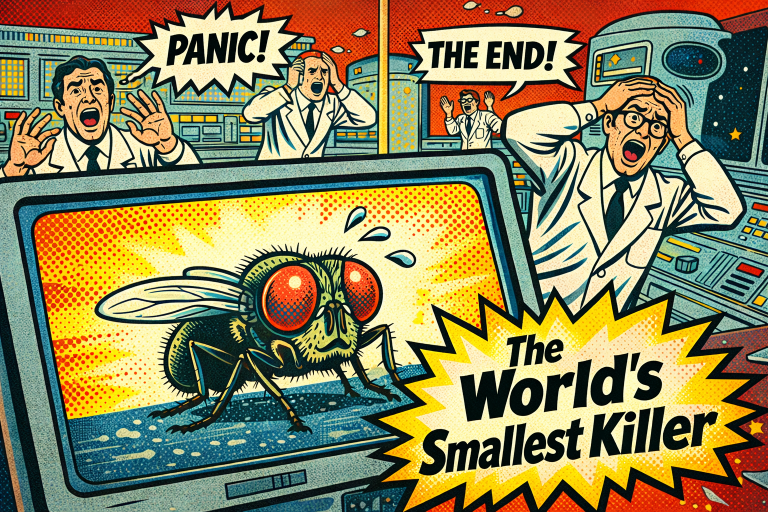 A humorous pop-art comic scene of scientists panicking in a space center while a tiny fly on a monitor looks like a giant monster.