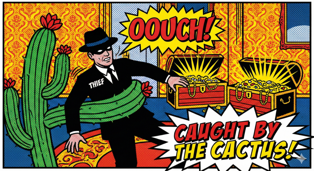 A humorous pop-art comic of a sophisticated thief in a suit being grabbed by a large cactus in a glamorous room.