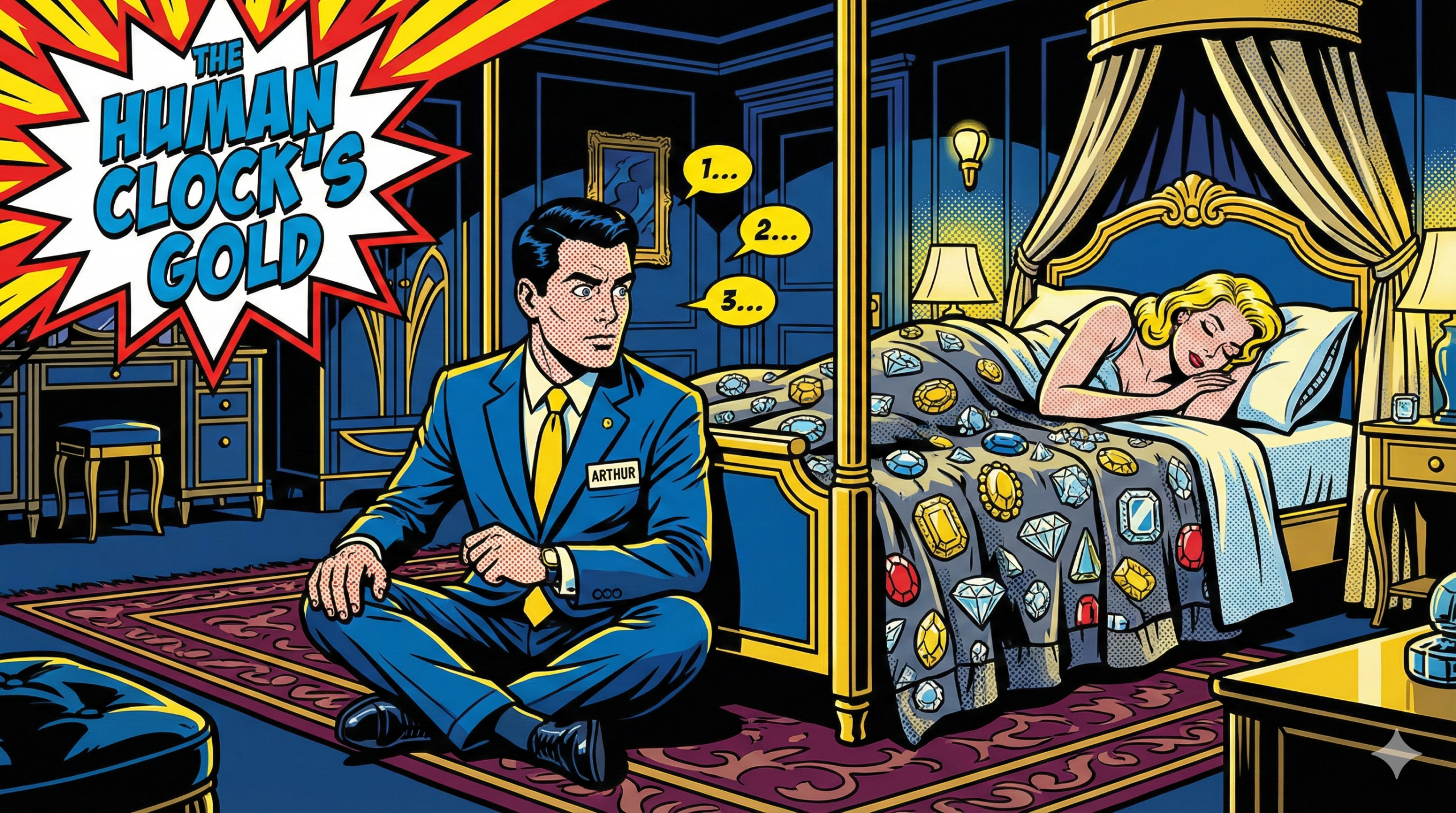 A humorous pop-art comic of a man in a suit sitting on a rug and counting the breaths of a sleeping woman covered in jewels in a dark mansion.
