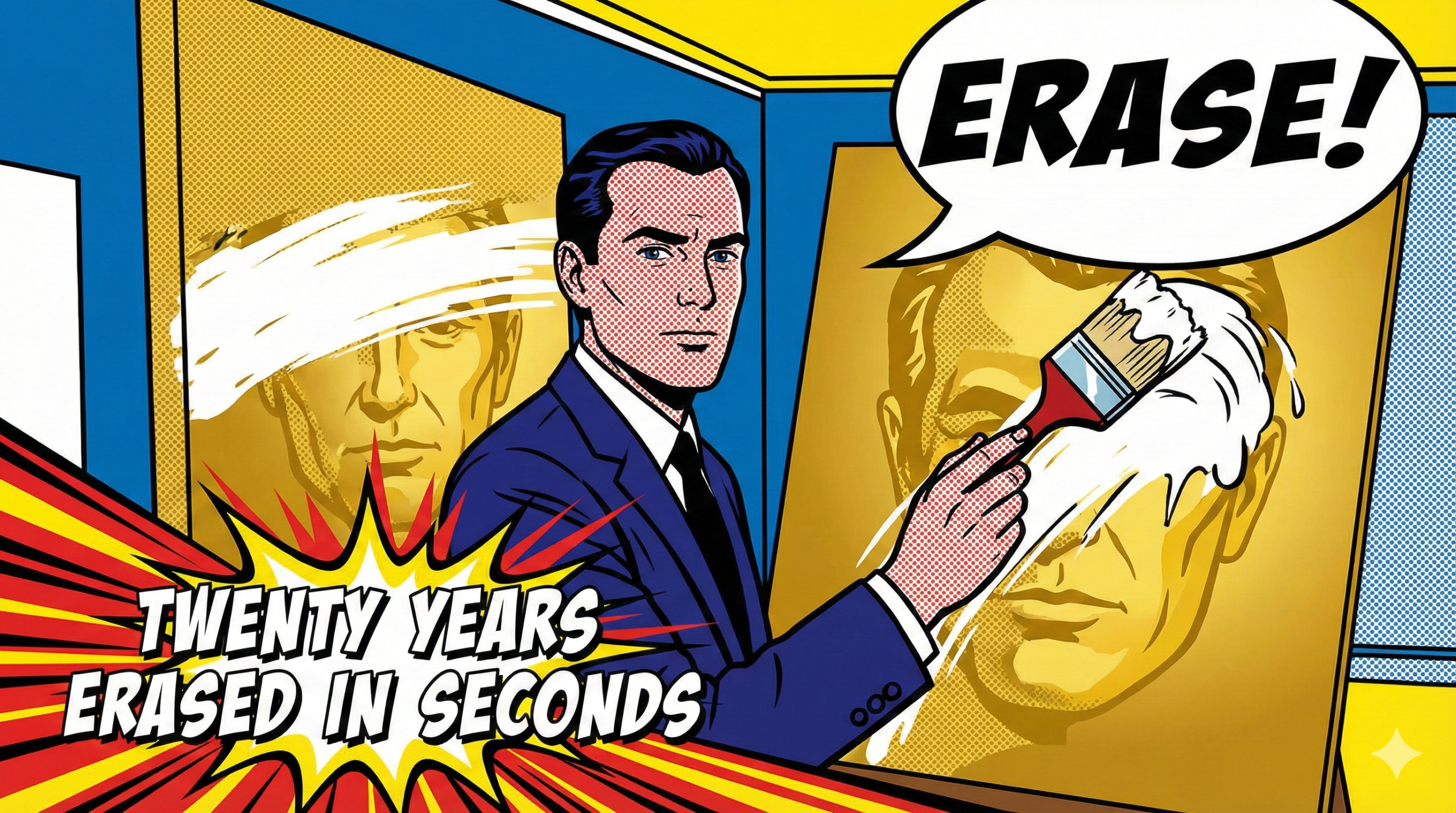 A humorous pop-art comic of a painter erasing a magnificent golden painting with white paint in a gloomy room. Image Slug: painter-erasing-masterpiece-pop-art