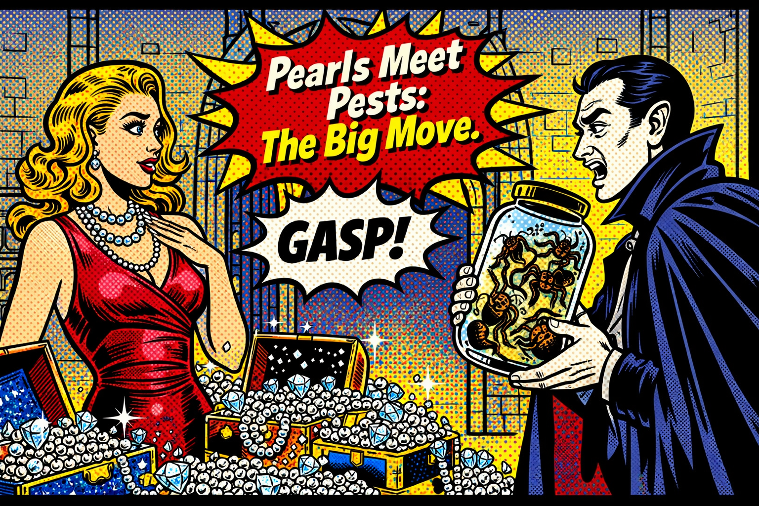 A humorous pop-art comic of a glamorous woman with pearls and a gothic man with spider jars moving into a castle together.